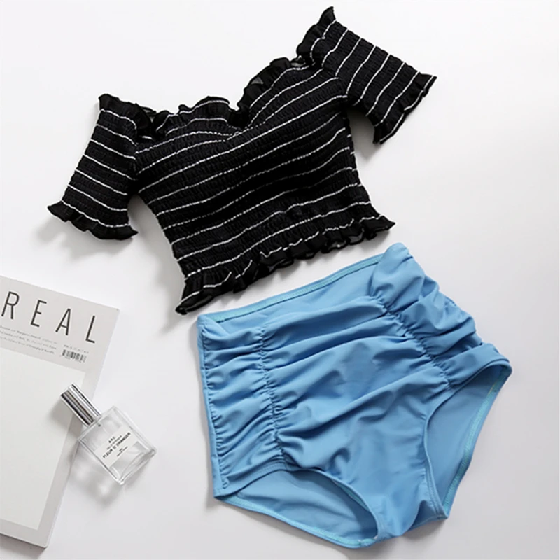 Women-s-Swimwear-Striped-Sexy-Swimsuit-Off-Shoulder-Two-Pieces-2018-Hot-Ruffles-Short-Sleeve-Push