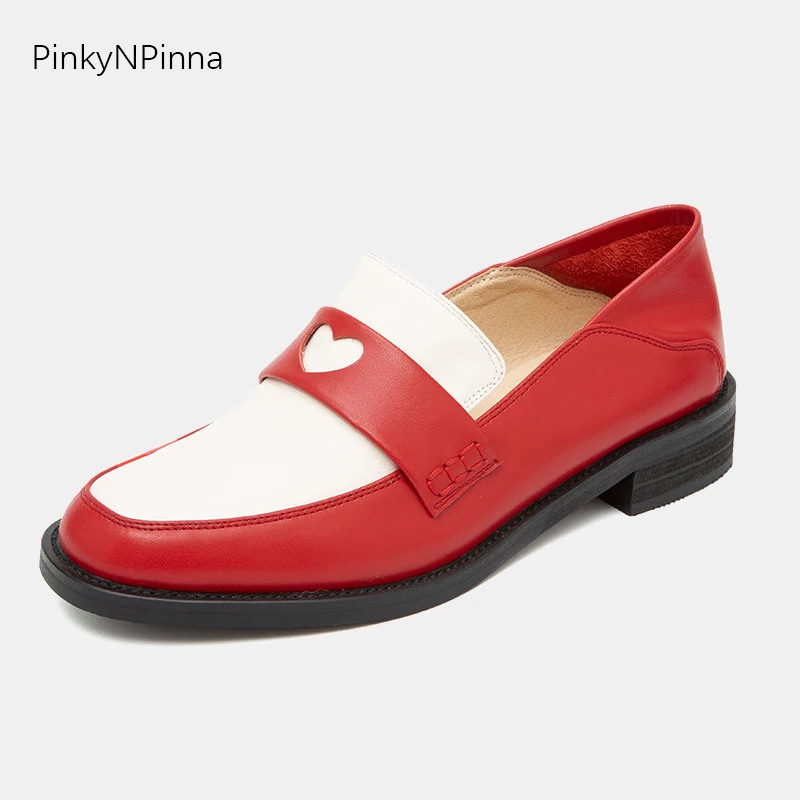

super cute young women genuine leather loafers red heart low heels slip on pigskin insole all year round preppy casual shoes