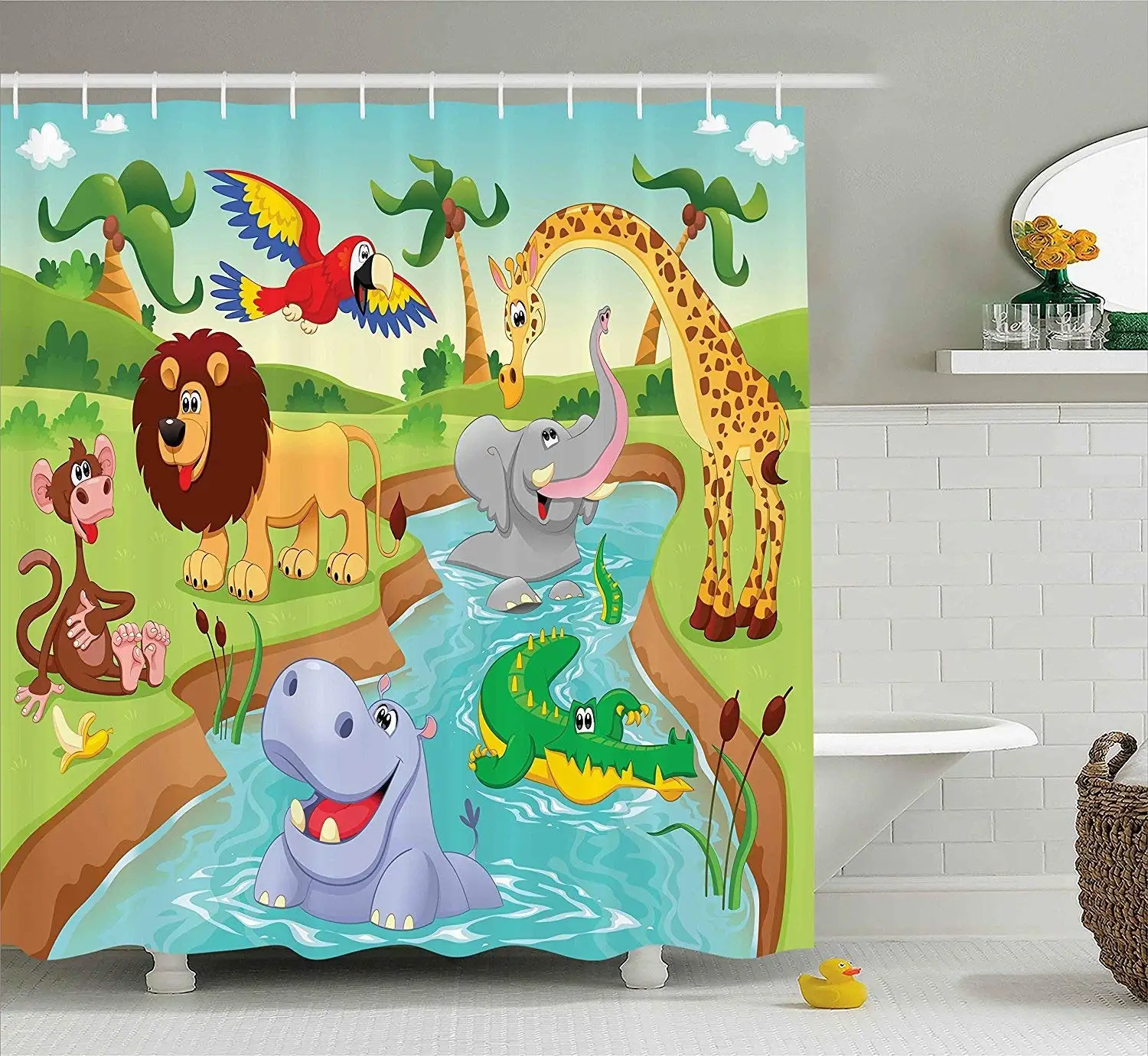 Animal Shower Curtain Cartoon Elephant Lion Print for Bathroom