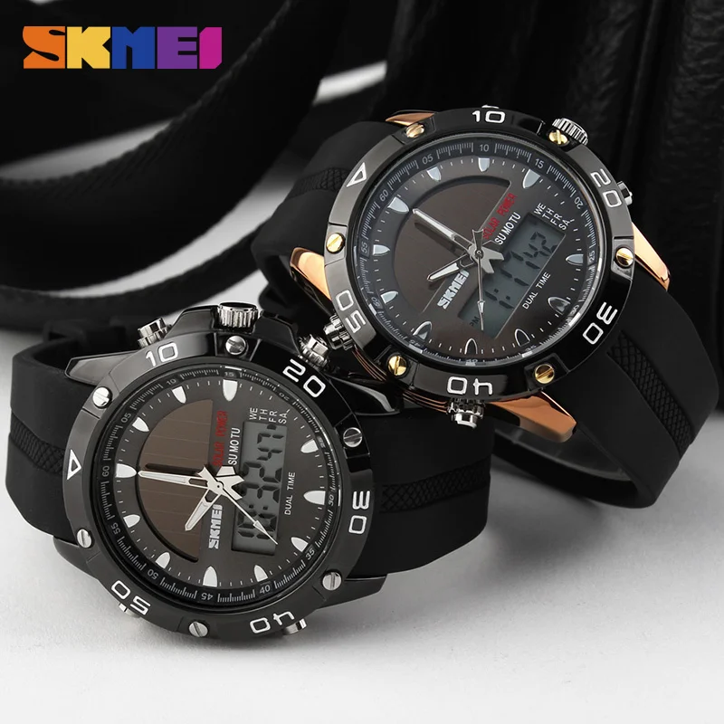 SKMEI для мужчин Солнечный Dual Time дисплей часы хронограф 50 м водостойкие спортивные