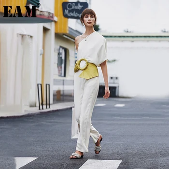 

[EAM] 2020 New Spring Autumn Short Sleeve White Thin Wide Leg Pants Leisure Temperament Two Piece Suit Women Fashion Tide JY382