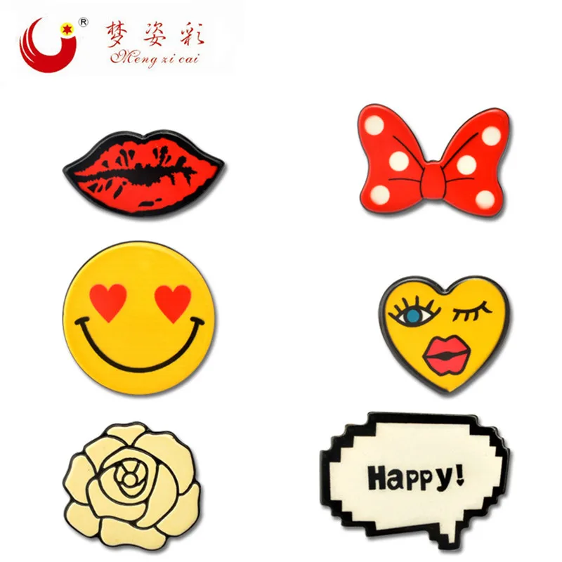 

2017 Newest 6 Styles Acrylic Brooches Pins Cute Flower Heart expression Broche Badge Collar Broch Letter for Girl Women Jewelry