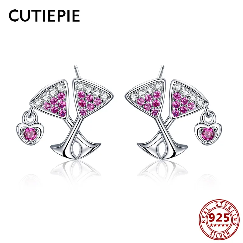 

CUTIEPIE Drinking Wine Stud Earrings for Women Real 925 Sterling Silver Clear Crystal CZ Earrings Romantic Silver Jewelry Gifts