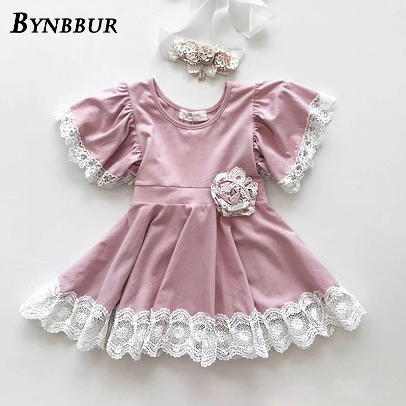 Bynbbur Lace Patchwork Solid Cotton Dress Girls Kid Lace Floral Attached Party Dress Cute Baby Princess Dress 2019 Summer New
