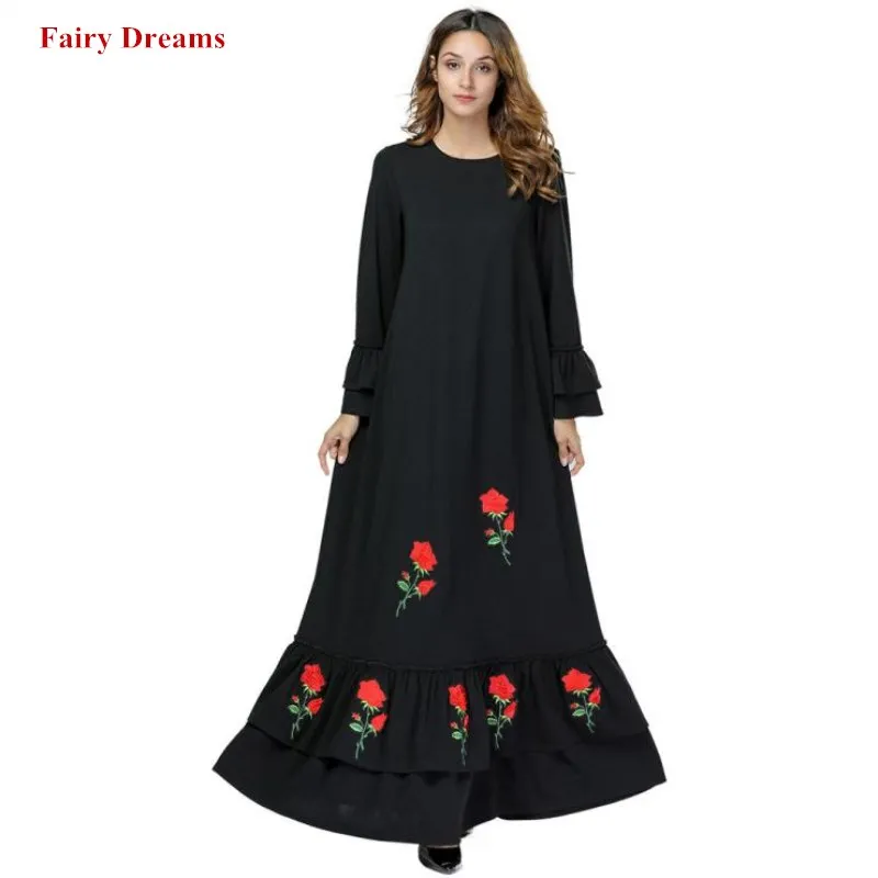Свободное мусульманское платье большие размеры женское черное Abayas Дубай цветы