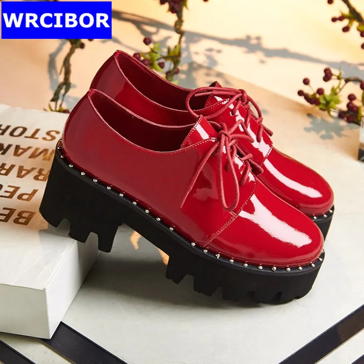 Patent Leather Platform flat Oxfords Shoes Spring Vintage rivets Platform Brogue Shoes font b Woman b