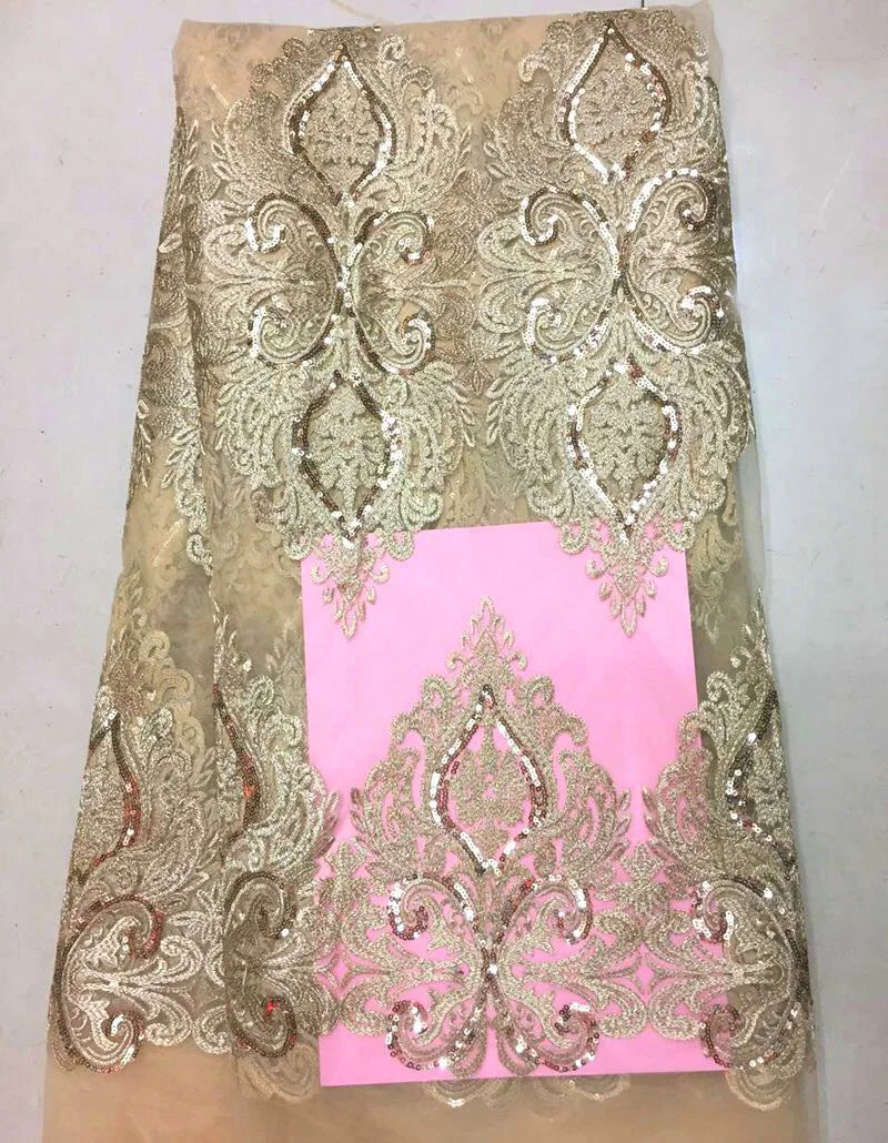 

(5yards/pc) High quality champagne gold African tulle lace French net lace fabric with sequins embroidery for party dress FLZ82
