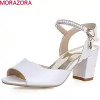 MORAZORA 2020 spring summer shoes with buckle peep toe high heels square heel solid pu basic casual new female sandals