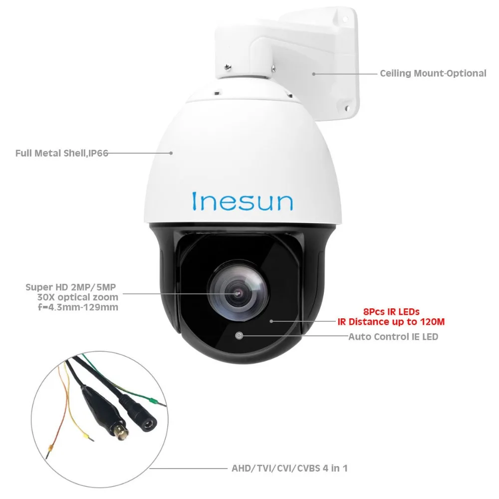  Inesun Outdoor CCTV PTZ Security Camera 2MP/5MP 30X Zoom TVI/AHD/CVI/CVBS Video Surveillance IP66 W - 32945896845