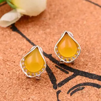 

925 silver Natural semi-precious stones yellow chalcedony girlfriend gift yellow Earrings water drops fresh sweet female