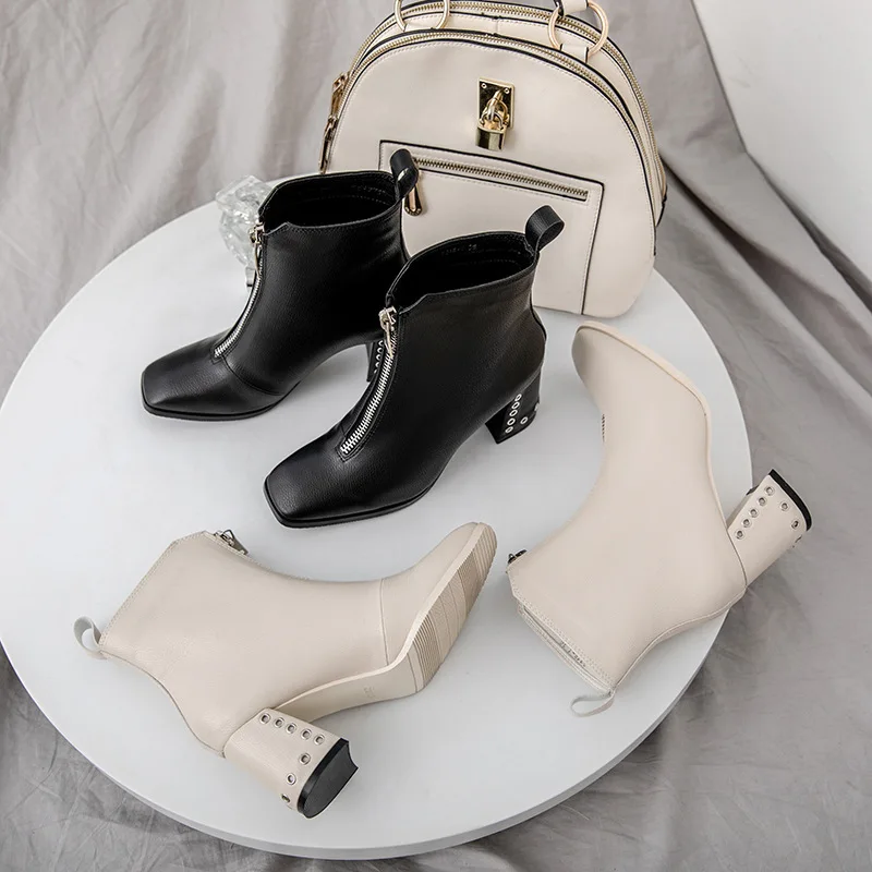 Fletiter/ботильоны; натуральная кожа; плюш; зимняя женская обувь; молния спереди; элегантная женская обувь на квадратном каблуке 6 см; цвет черный, бежевый; 2 цвета