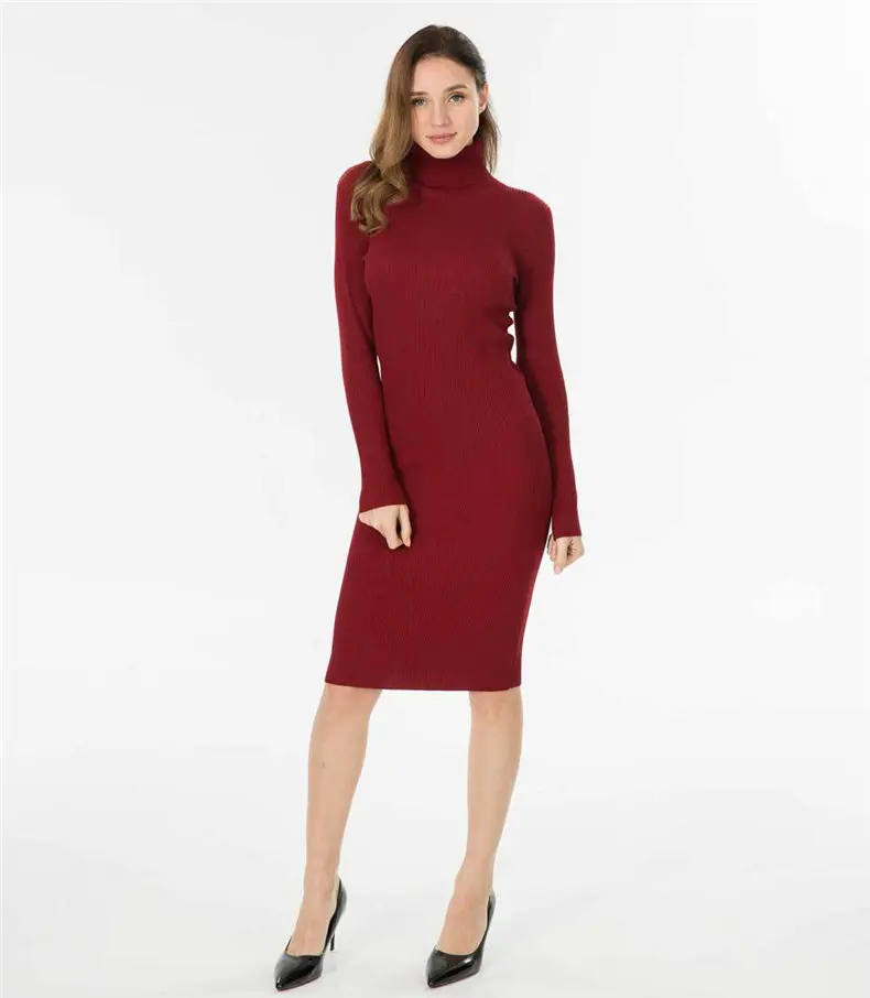 Women Dress 2019 Autumn Sweater Dress Cotton Rib Knit Slim Stretched Winter Turtleneck Sexy Lady Bodycon Robe Dresses Vestidos 11