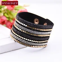 HYHONEY Bracelets &bangles Rhinestone Leather Bracelet Crystal bracelets for women 2017 Fashion Jewelry pulseira masculina