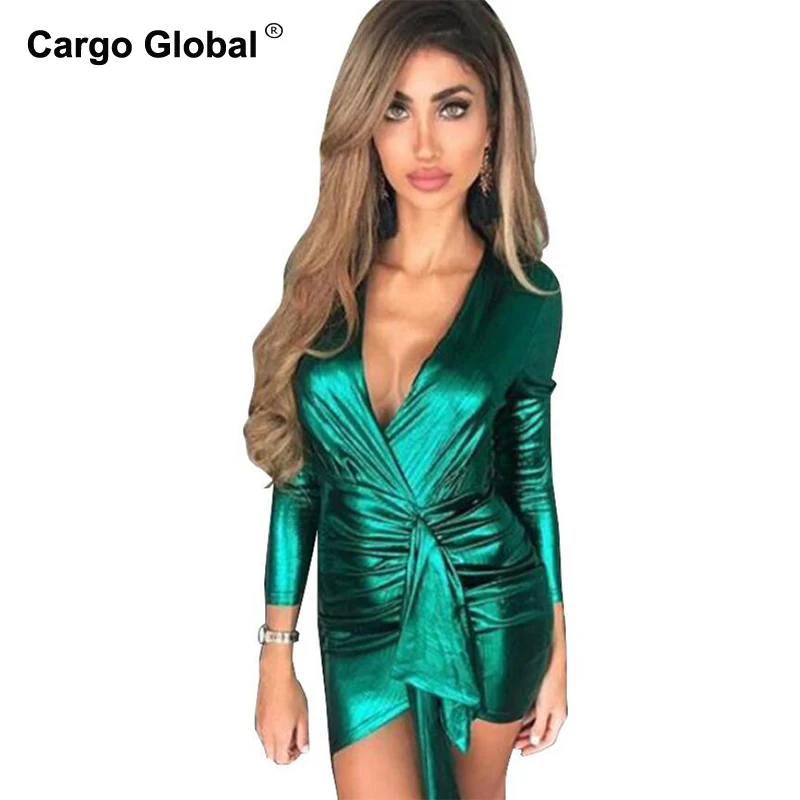 

Green Dress Women Sexy Club Dresses 2019 Slim Bodycon Party Nightclub Mini Dress Vestido Bright V-Neck Sexy Long-Sleeved Dress