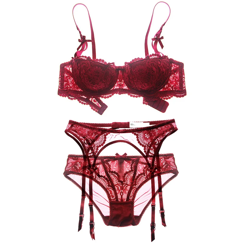 Plus Size Women Sexy Lingerie Set Embroidery Half Cup Bra Set Intimates Thin Temptation Black White Bra And Panty With Garters
