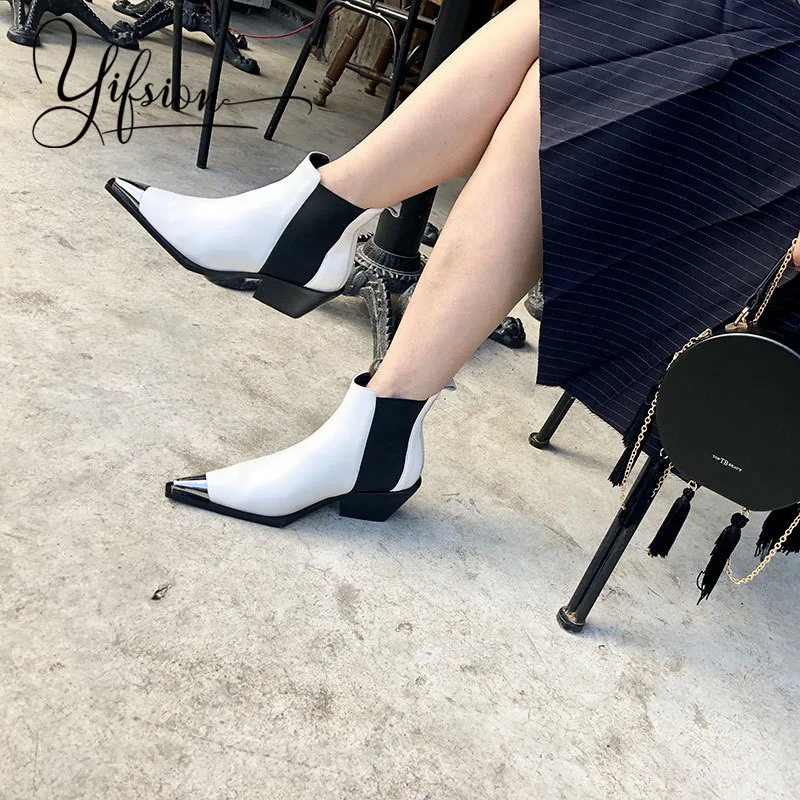 

OLOME New Black Genuine Leather Women Boots Pointed Toe Slip On Chunky Low Heel Women Autumn Winter Ankle Boots Shoes Woman