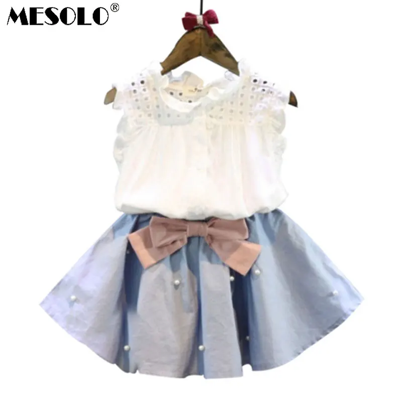 

MESOLO 2-8 Years Kids Clothes for Girls The Bow Skirt and Lace Top Summer Suit Korean Style Sets Baby Toddler Set
