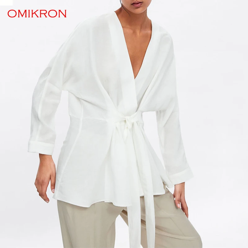 

OMIKRON Womens Blouses Shirt Spring Summer Blusas Office Lady Elegant Loose White Casual Linen Women Tops Blouses with Belts