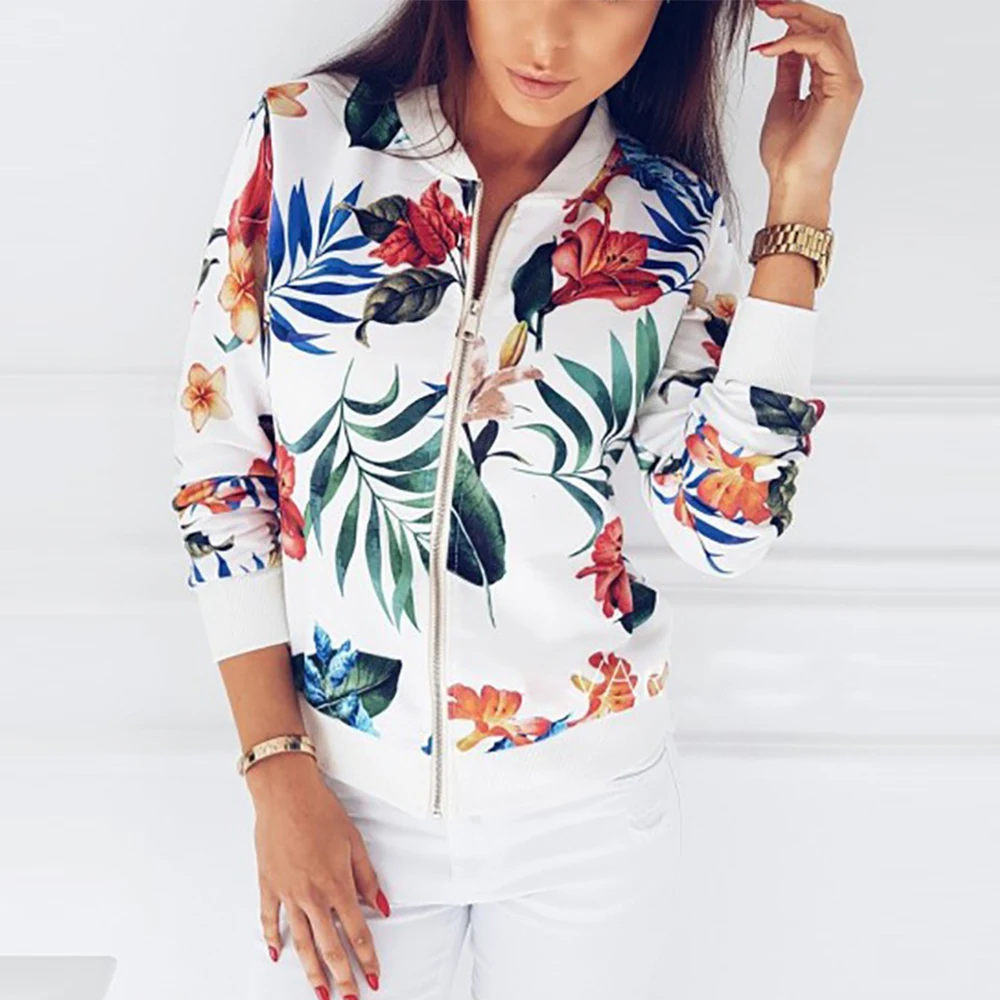 5XL Plus Size Casual Floral Print Women Jacket Spring Summer Slim Short Bomber Jacket Women Vintage Long Sleeve Zipper Jacket