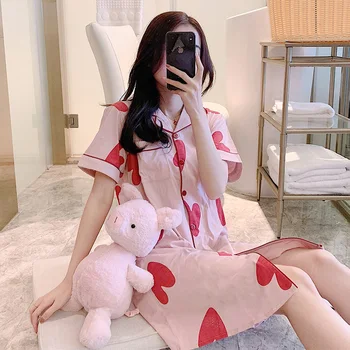 

Yidanna Women Cotton Button Nightgown Summer Fashion Sleepshirt Cute Sleep Clothing Female Print Sleepwear Lady Short Sleeved