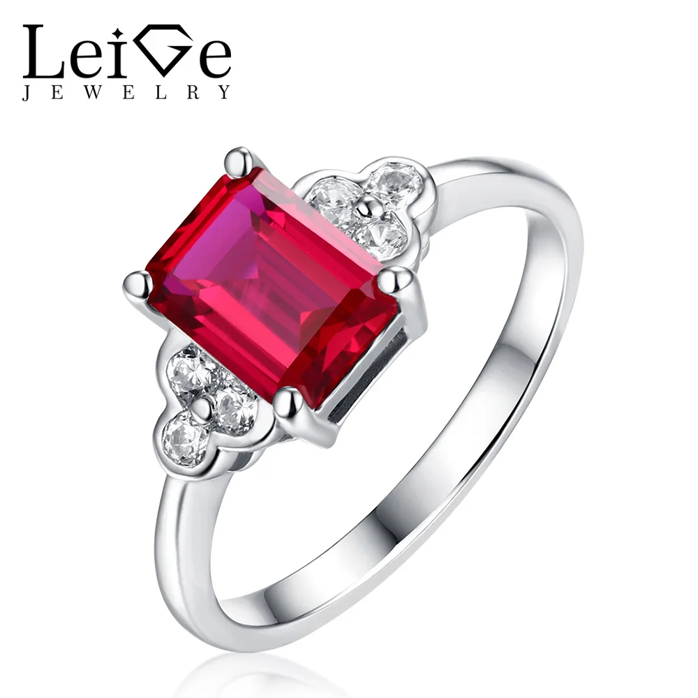Leige Jewelry Red Ruby Ring Emerald Cut Wedding Engagement Rings for