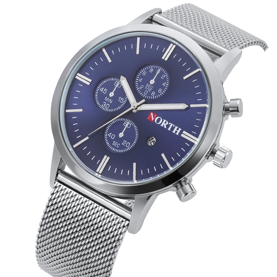 Северная мода мужские спортивные часы Серебро Сталь синий Уникальные Роскошные деловые нарядные часы для мужчин водонепроницаемые мужские часы