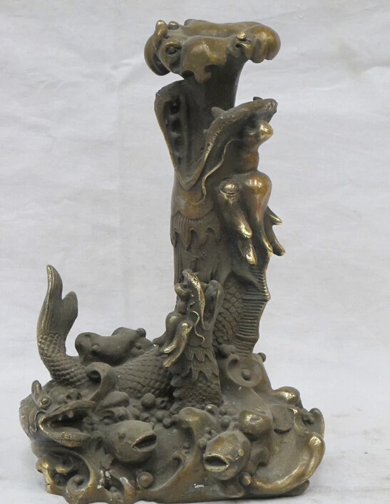 

10"Tibet China feng shui Bronze Carving Fish cork base dragon candleholder