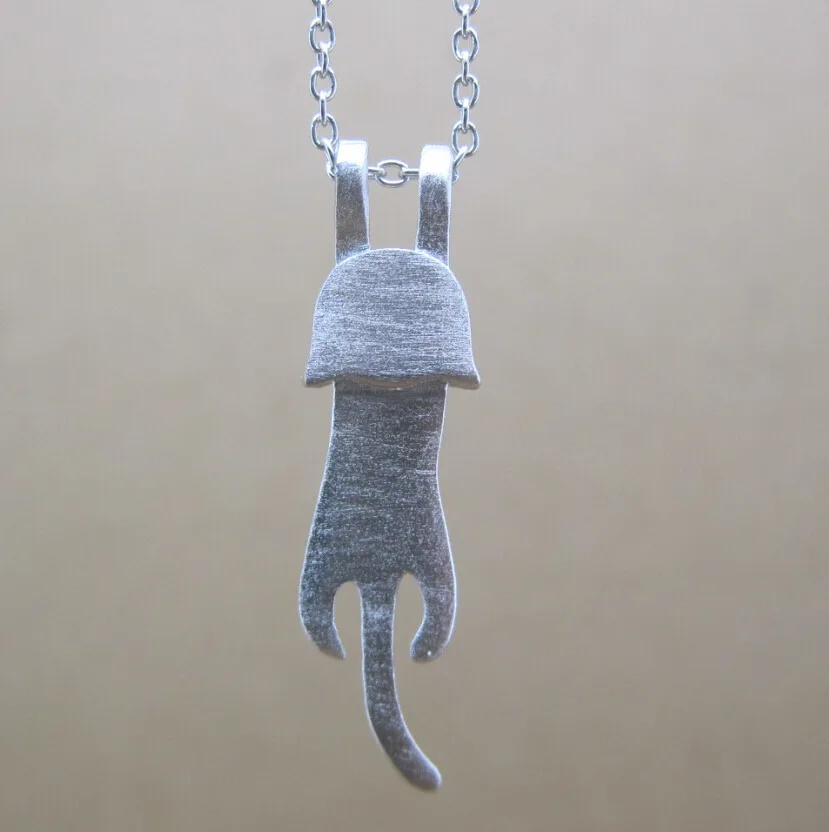 Solid 925 sterling silver climbing lucky cat pendant necklace vintage handmade plain kitten cat jewelry for women