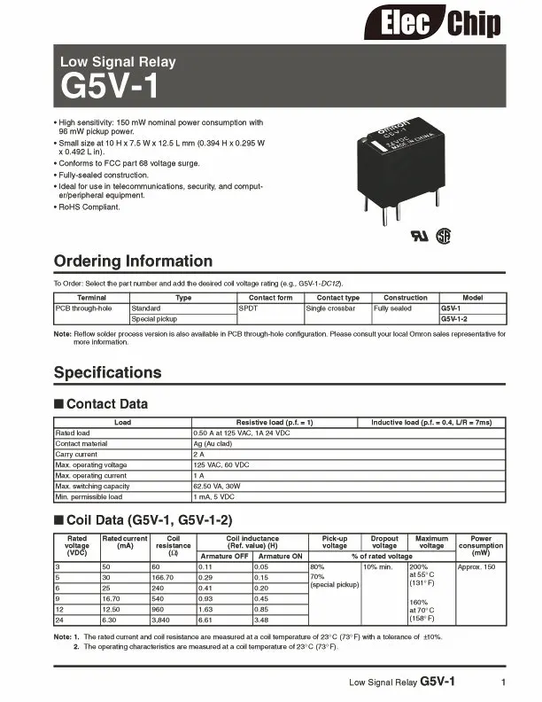 5 шт./лот Сигнальное реле G5V-1-5VDC G5V-1-12VDC G5V-1-24VDC G5V-1-DC5V G5V-1-DC12V G5V-1-DC24V 1A 6PIN открываются и закрываются