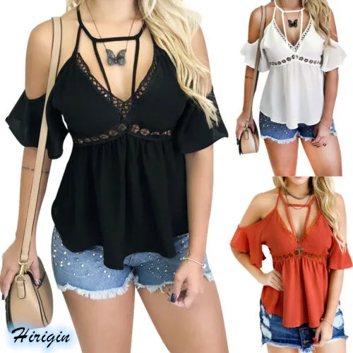 

Summer Women Solid Sexy Tops 2019 New Sexy Women Short Sleeve Off Shoulder V-Neck Loose Chiffon Hollow Out Tops