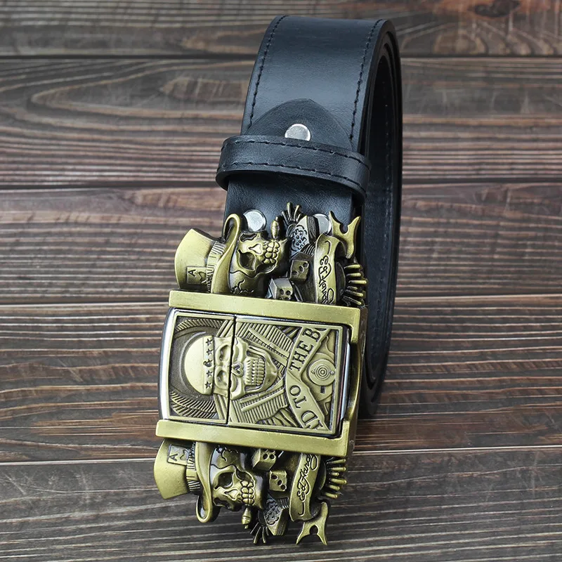 Мужской ремень с зажигалкой в виде золотого черепа|men leather belt|belt for menbelt men |