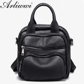 

Arliwwi Soft Real Leather Women Slot Backpacks Bags Genuine Cow Leather Top Quality Black And Grey Female Back Bags
