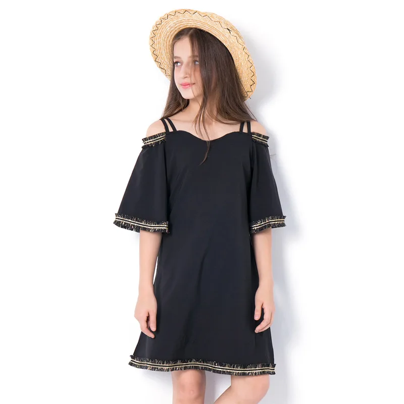 

Girls Dress 2018 Black Children's Princess Dress Teen Sequins Loose A-line Dresses Shouderless Collar Trumpet Sleeves Vestidos