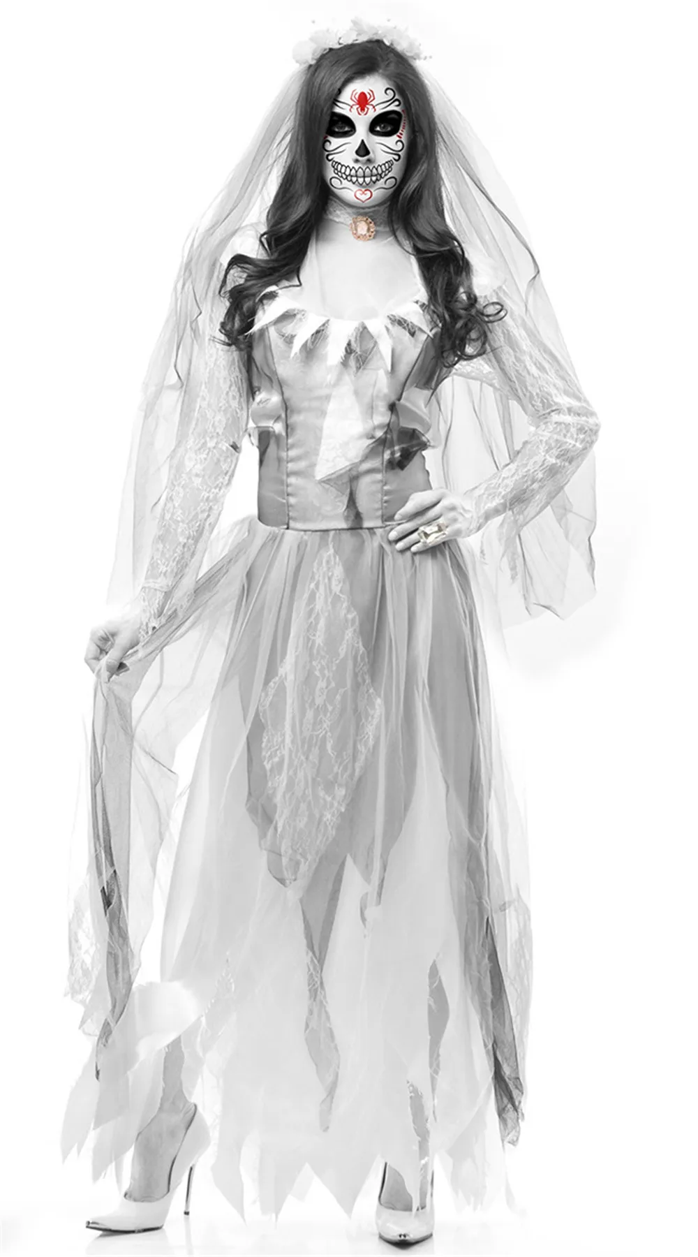 Косплэй костюм на Хэллоуин ужас призрачная Невеста платье головной убор полный набор зомби невесты ведьмы Призрак для женщин обувь для