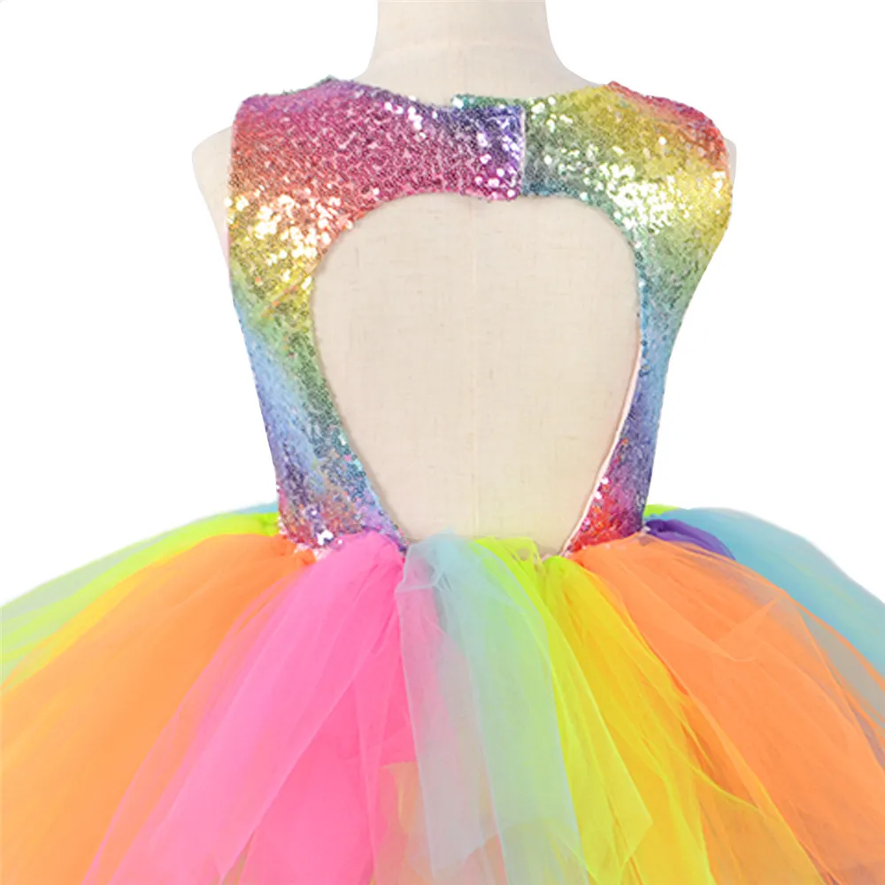 Comprar Arco Iris vestido de lentejuelas con tutú para niños moda sin espalda vestido sin mangas de tul Ropa para Niñas coloridos niños niña vestido de fiesta 2 8