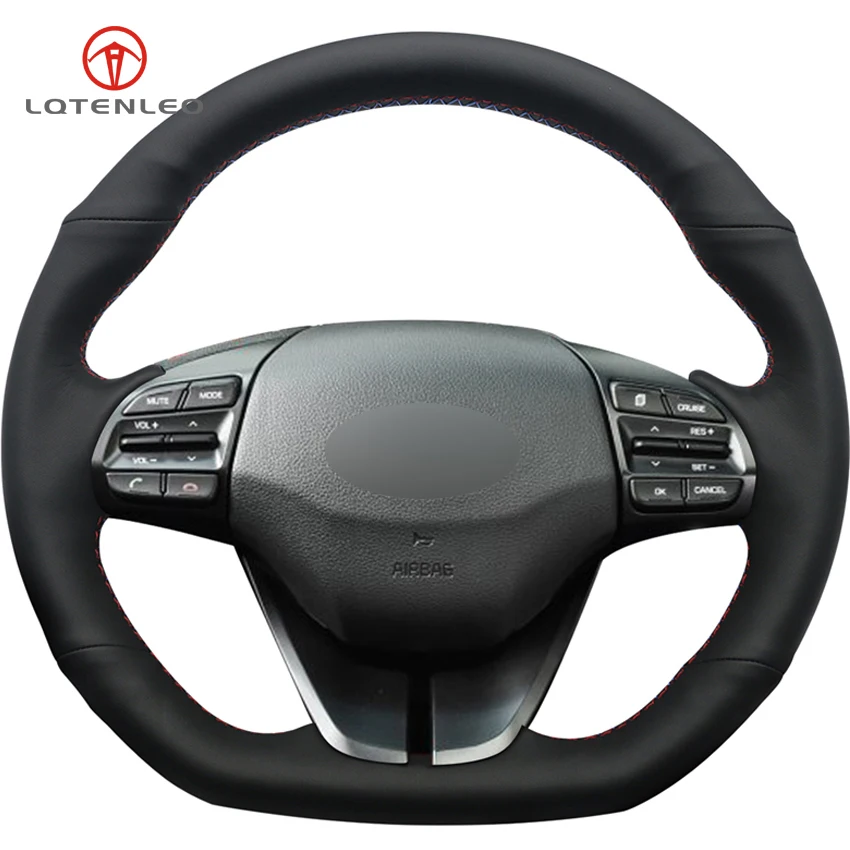 LQTENLEO Black Genuine Leather DIY Hand stitched Car Steering Wheel