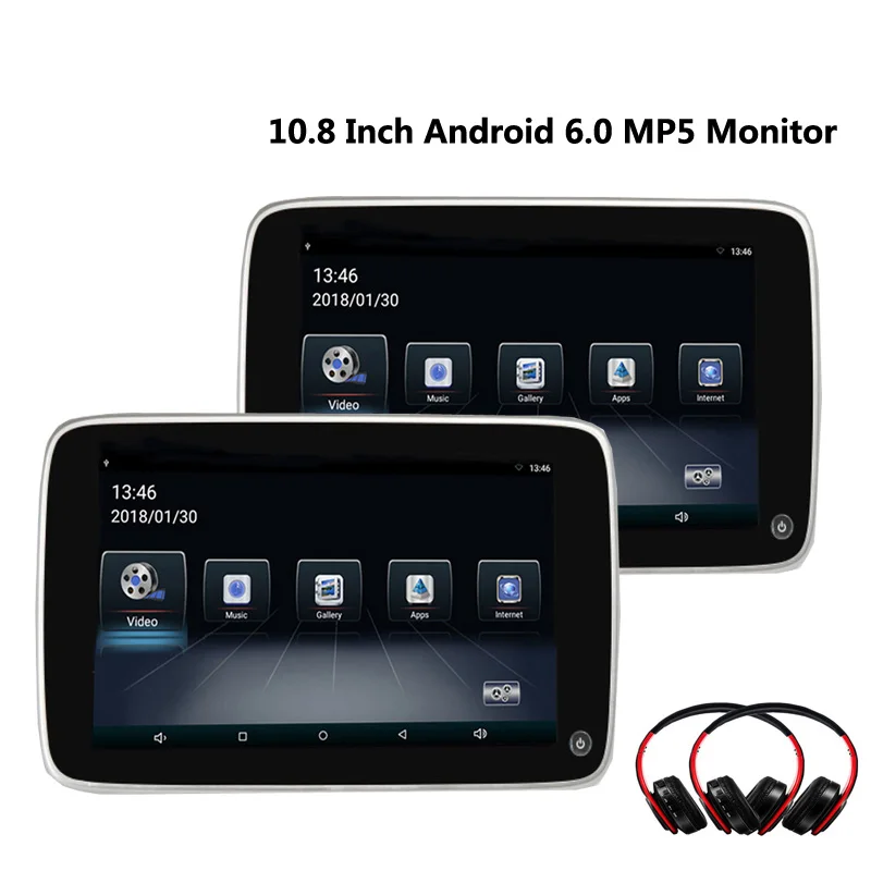 Android 6,0 подголовник 10,8 дюймов монитор HD 1080P ips сенсорный экран MP5 wifi/USB/SD/Bluetooth/fm-передатчик/динамик/игра автомобильный телевизор - Цвет: 2 monitor 2 headset