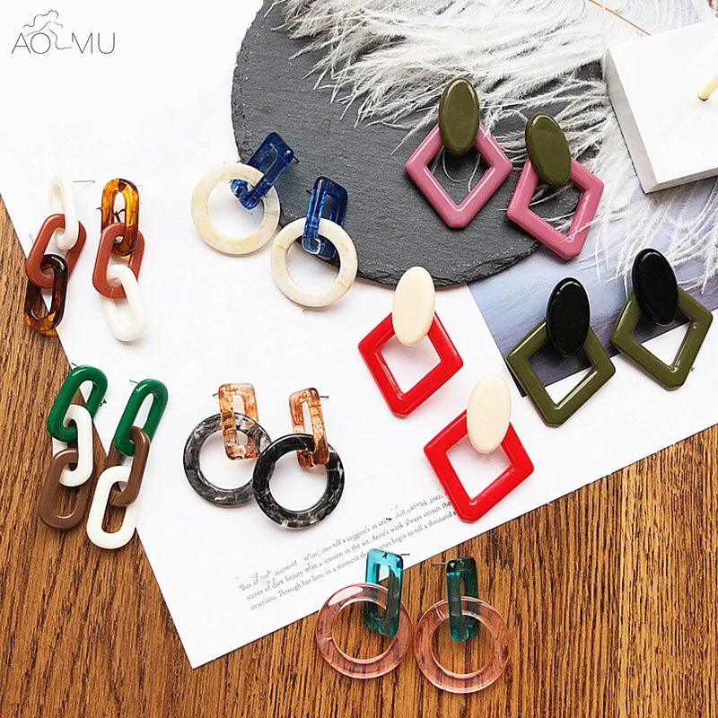 

AOMU Korean Hit Color Geometric Rhombus Round Circle Tortoise Acrylic Marble Pattern Resin Stud Earrings for Women Girl Gift