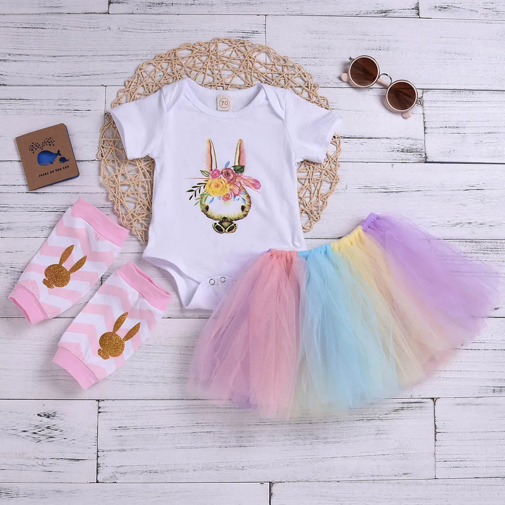 

Infant Clothing Baby Girl Clothes Easter Rabbit Print Romper Tops+socks baby girl outfits Tulle Skirt Sets ropa bebes nino 2019