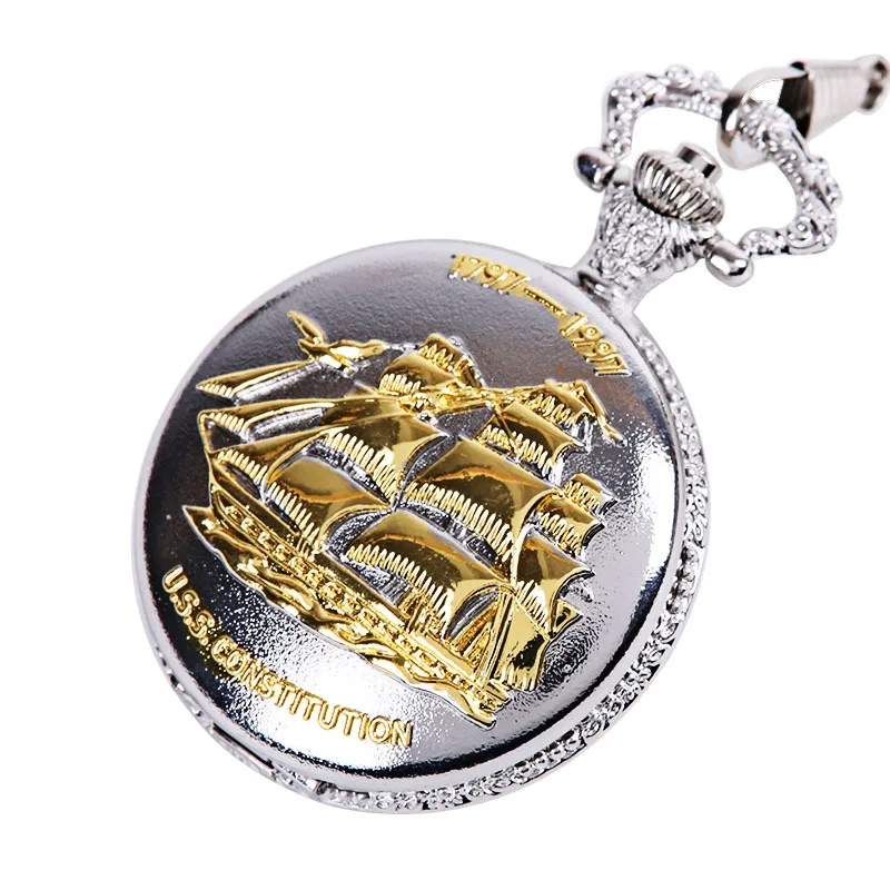 

retro silver large-scale thick-chain sailing boat smooth sailing pocket watch Classical nostalgic embossing sailing pocket watch