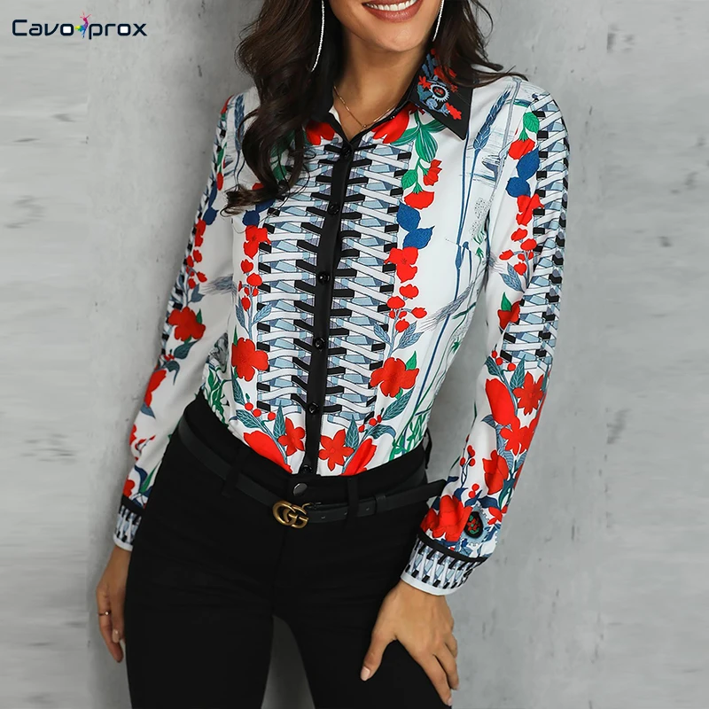 Women Long Sleeve Mixed Floral Print Casual Blouse Turn