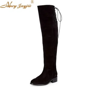 

Flock Women Shoes Adult Boots Ladies knee-High Med Square Heels Solid Round Toe Leisure Mature Sweet Lace-Up Basic Fashion 2019