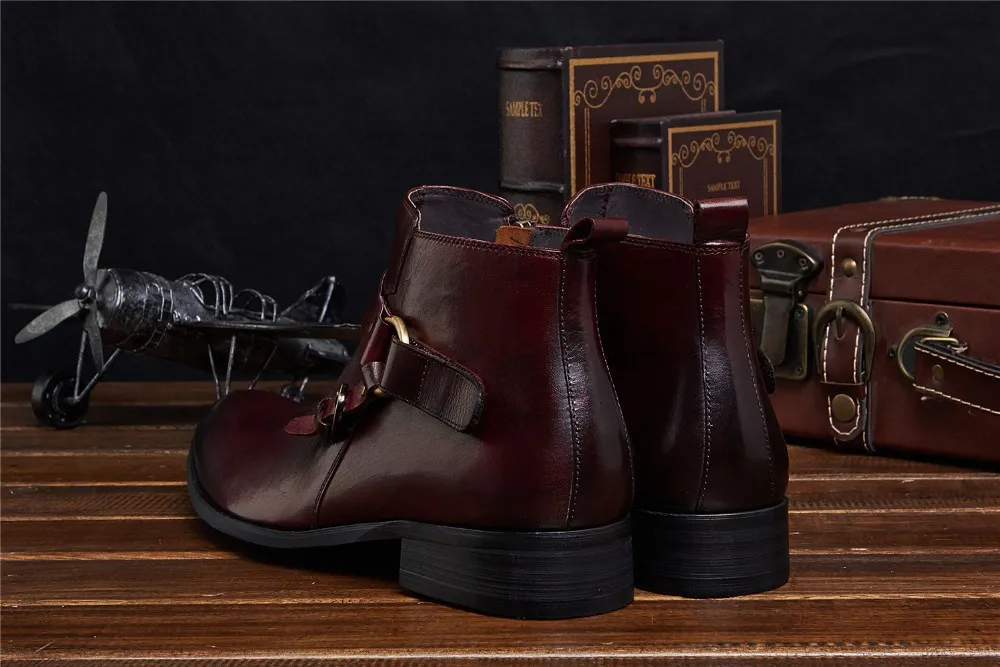 Большой Размеры Eur45 черные/коричневые мужские Ботильоны Туфли под платье ботинки из натуральной кожи, мужские ботинки в деловом стиле с пряжкой