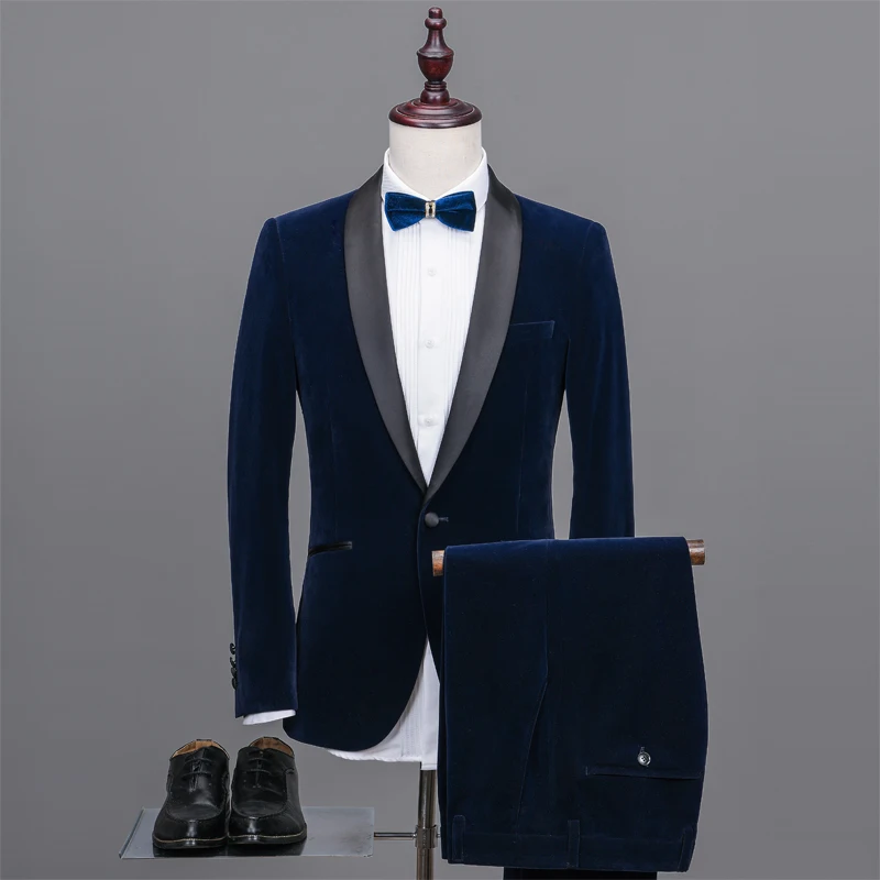 Бархатный приталенный мужской костюм на выпускной с шалевым отворотом Terno, приталенный мужской свадебный костюм на одной пуговице(пиджак+ брюки