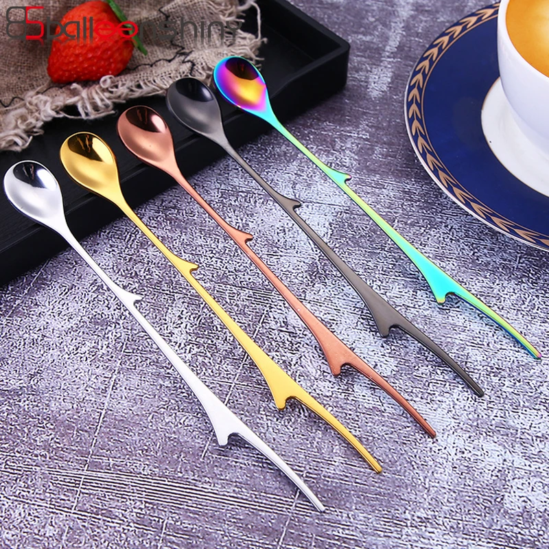 

BalleenShiny Stainless Steel Branch Coffee Stir Spoon Colorful Long Handle Bar Honey Teaspoon Kitchen Tableware Mug Cup Decor
