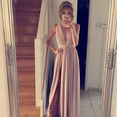 

Simple Long Prom Dress V-Neck Tank Chiffon Front Split Formal Gowns For Teens Evening Dresses for Women