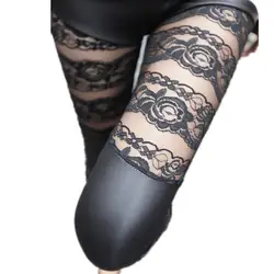 Nevettle черные пикантные Искусственная кожа лоскутное повязку Для женщин эластичные леггинсы узкие брюки-карандаш кружева Капри