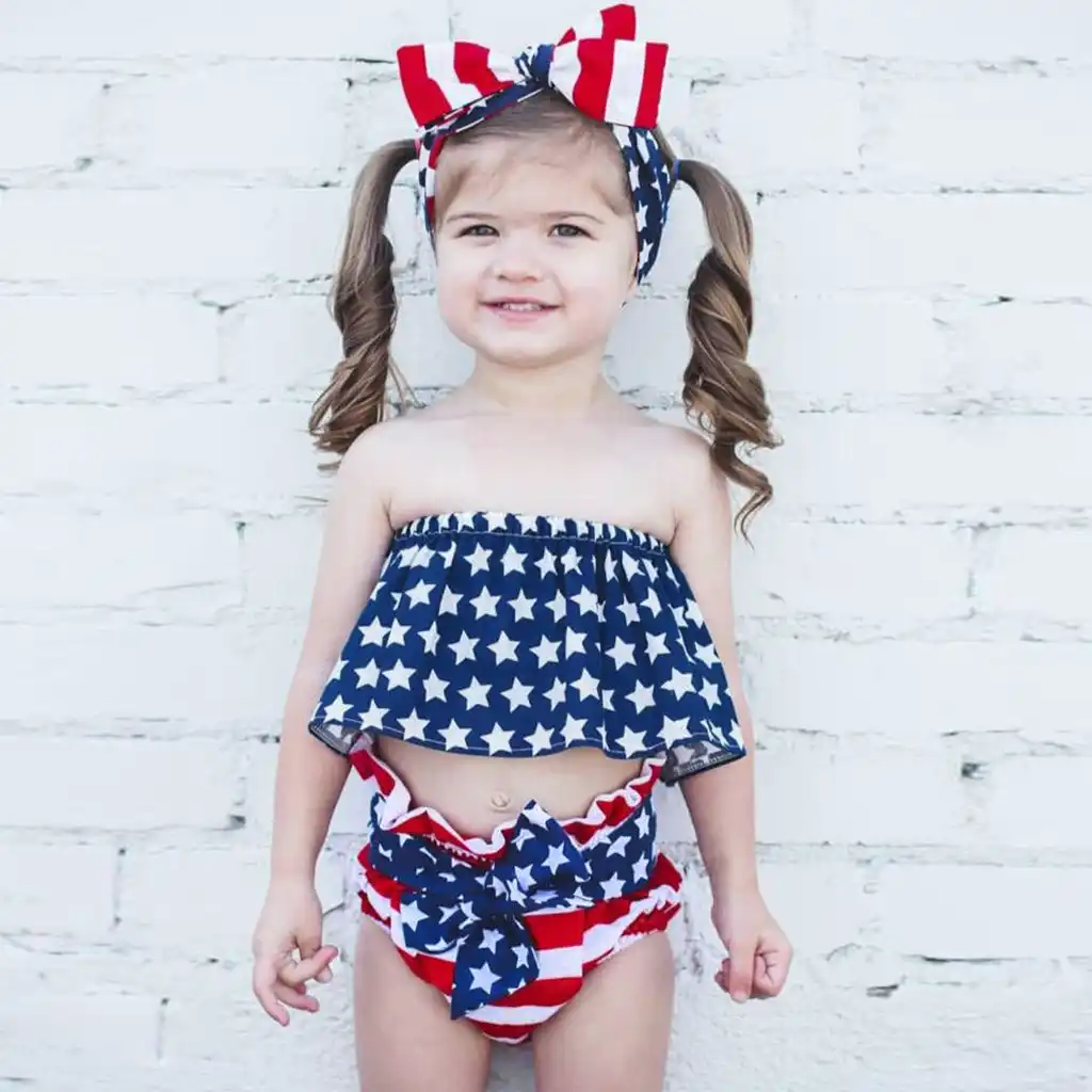 3pcs Infant Baby Girl Outfits 4th of July Star Patriotic Boob Tube Tops Shirt Striped Bow Shorts Clothes