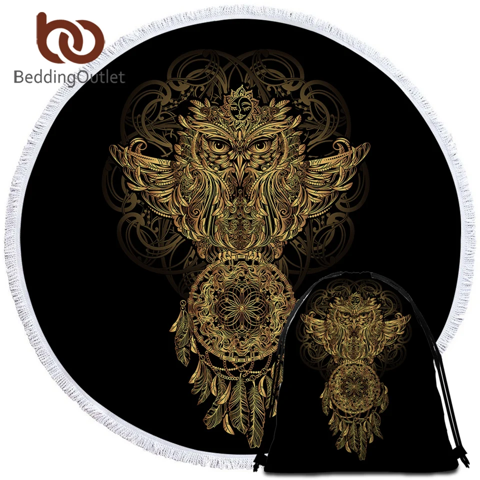 BeddingOutlet Summer Round Beach Towel Golden Microfiber Bath Towel Large for Adults Owl Tassel Bla