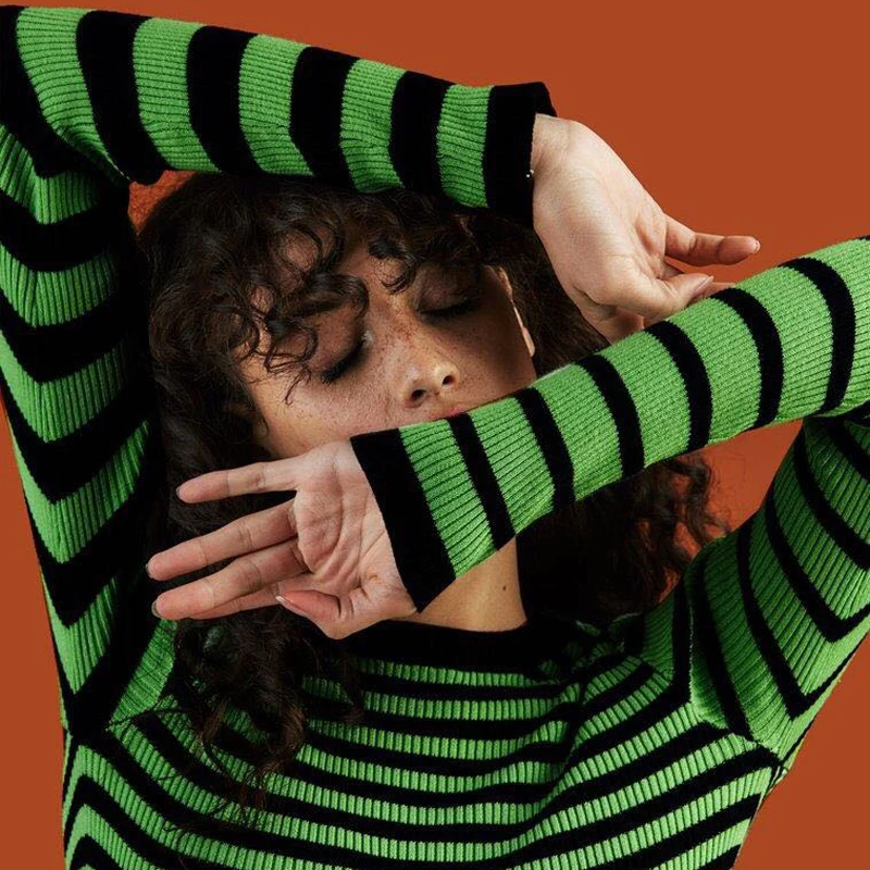 Харадзюку зеленые полосатые пуловеры женские осенние зимние винтажные тонкие свитера с круглым вырезом брендовые модные вязаные Джемперы Женские топы